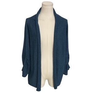 SAFFRON Blue Cashmere Sweater Cardigan 3/4 Sleeve Detail Size L Luxury Work Soft